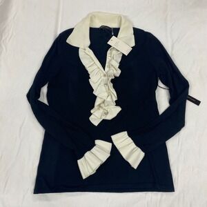 BCBGMAXAZRIA Womens Black White Ruffle Knit Top Long Sleeve Medium coquette